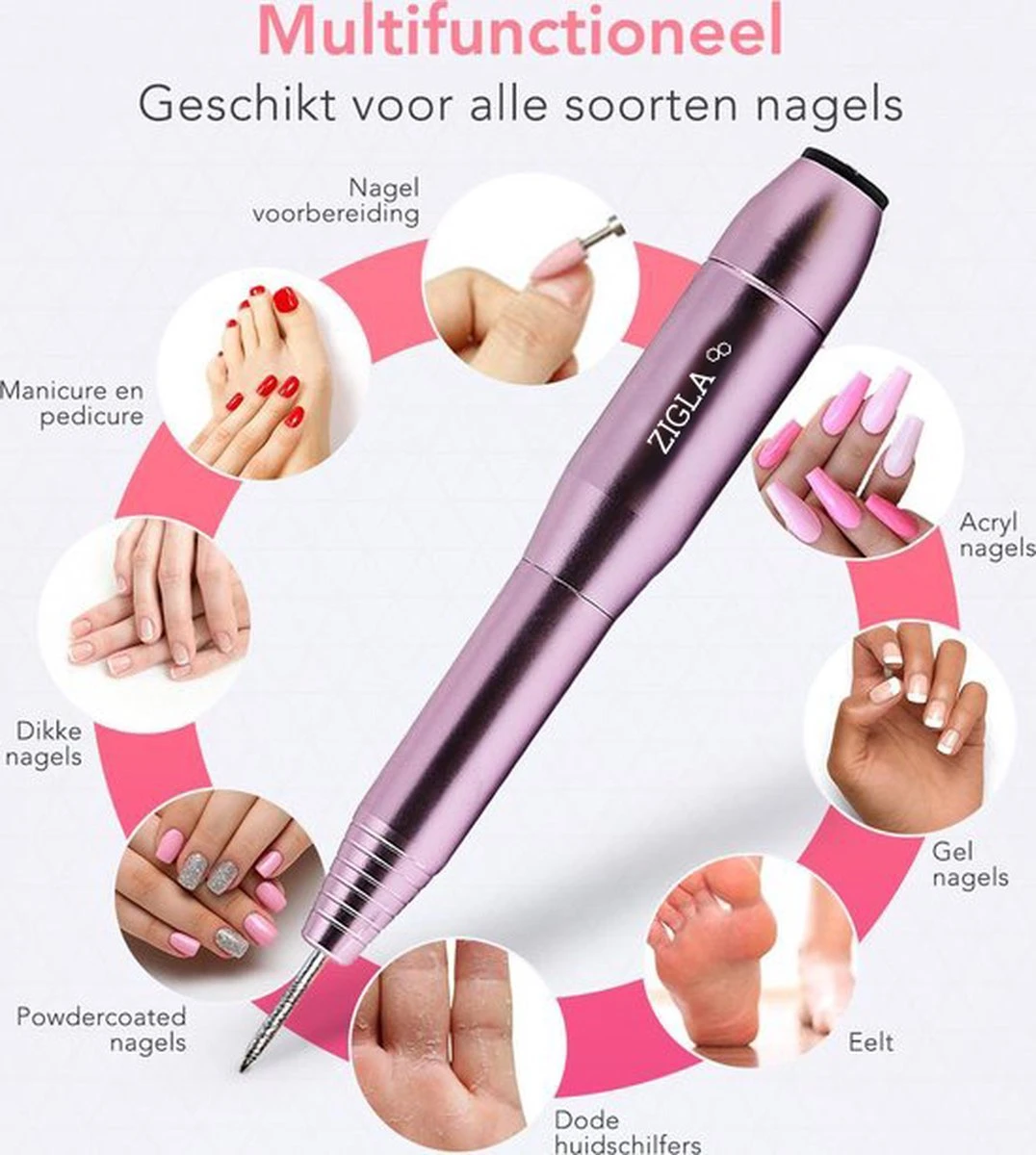 Zigla – Elektrische Nagelvijl - Nagelfrees- Manicure En Pedicure Set - 6 Schuurrolletjes - 11 Opzetstukken - Rosé/Goud - Vernieuwd 8 Zigla – Elektrische Nagelvijl - Nagelfrees- Manicure En Pedicure Set - 6 Schuurrolletjes - 11 Opzetstukken - Rosé/Goud - Vernieuwd - Afbeelding 6