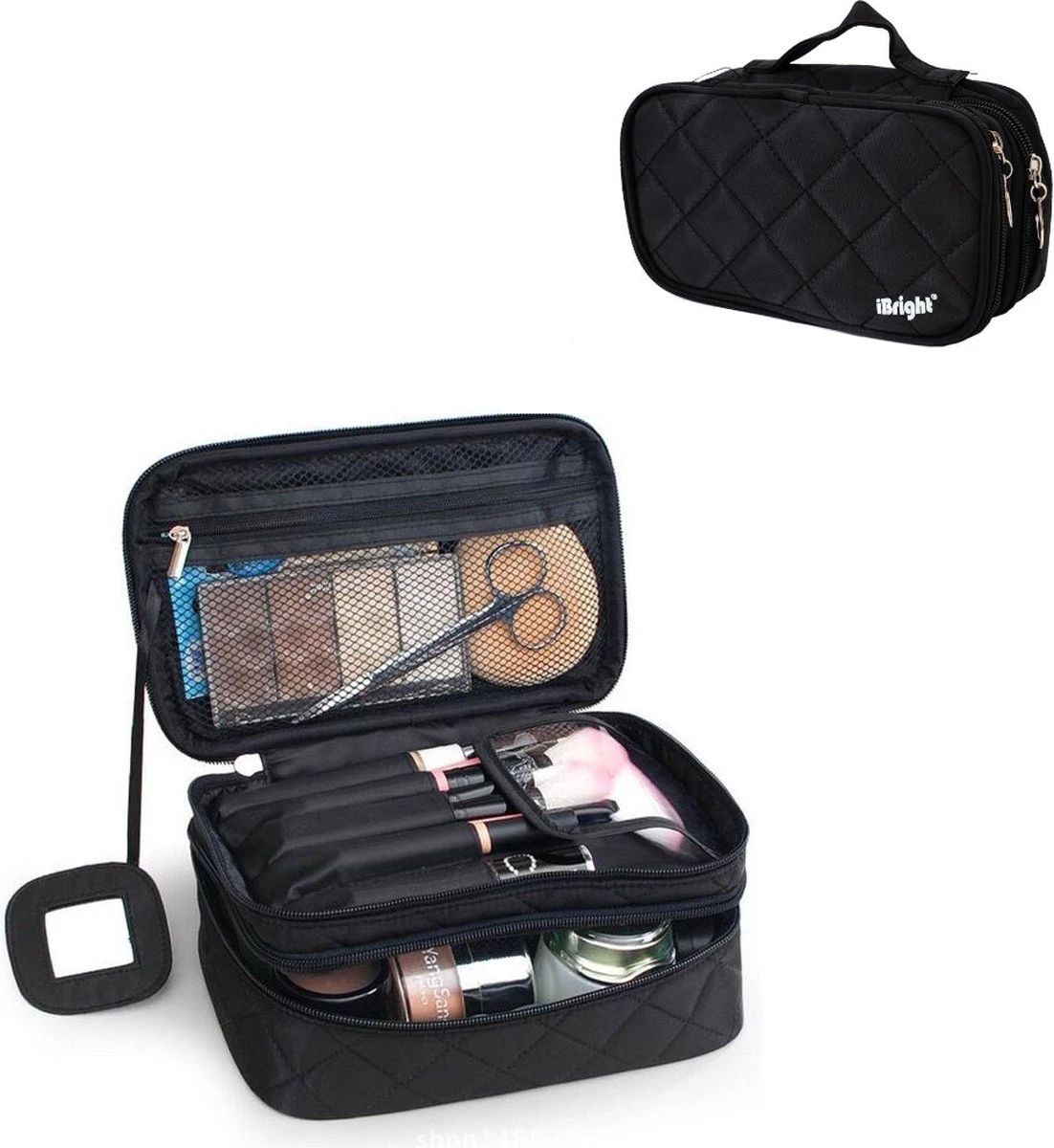 IBright Make-up Tasje Met Spiegel - 2 Lagen - Met Handige Vakjes - Cosmetica Organizer - Toilettas Maat M - Zwart 3 IBright Make-up Tasje Met Spiegel - 2 Lagen - Met Handige Vakjes - Cosmetica Organizer - Toilettas Maat M - Zwart