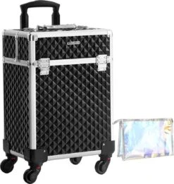 Cosmetische Koffer, Trolley, Make-up Case Met Handvat, 4 Universele Wielen, 4 Uitschuifbare Dienbladen, Make-up Tas, Voor Reizen, Zwart