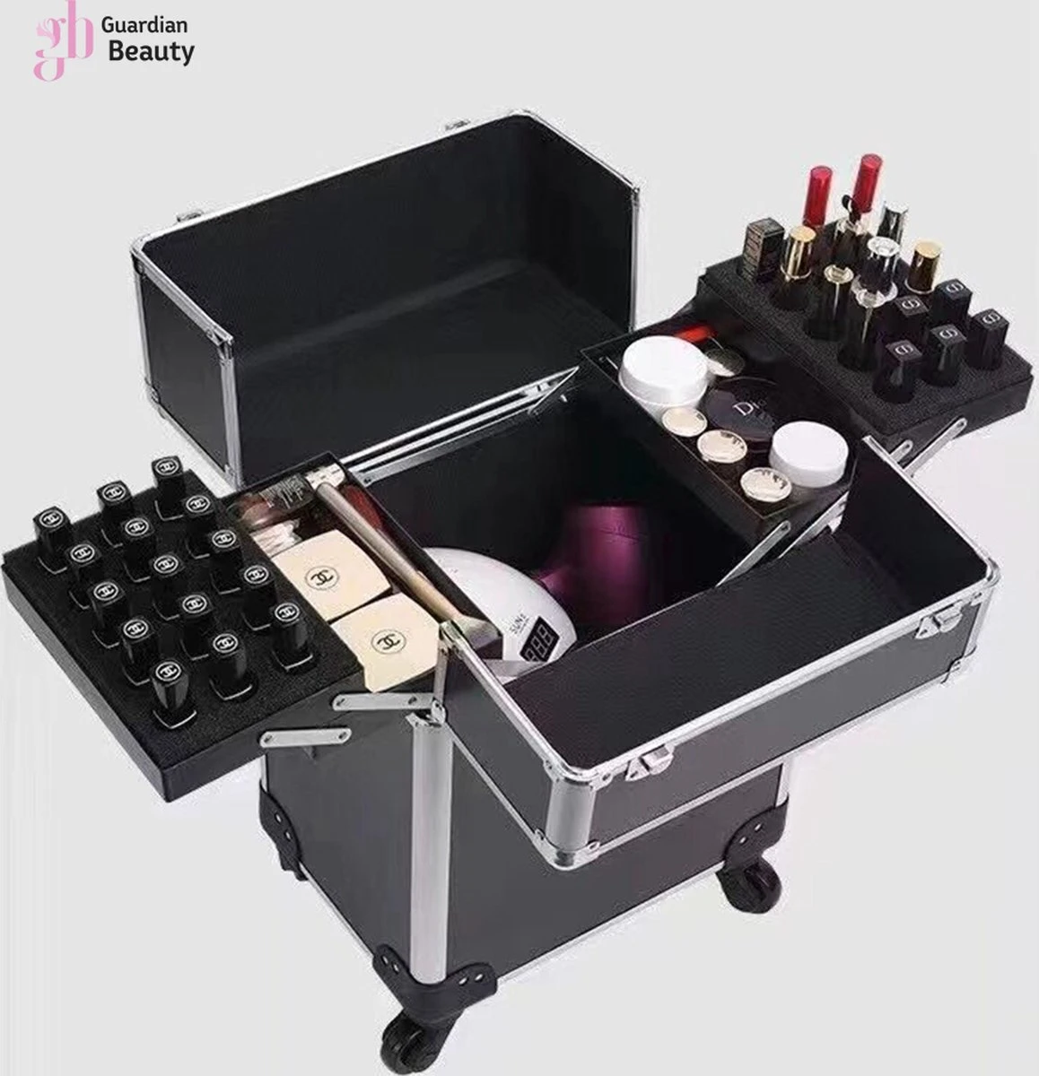 Kapper Koffer| Nagel | Visagist | Make-up | Cosmetica | Schminken | Trolley Stevig En Gemaakt Van Aluminium | 3 Delig | 8 Wielen | Bedekt Met Mooie Zilver Strips 7 Kapper Koffer| Nagel | Visagist | Make-up | Cosmetica | Schminken | Trolley Stevig En Gemaakt Van Aluminium | 3 Delig | 8 Wielen | Bedekt Met Mooie Zilver Strips - Afbeelding 5