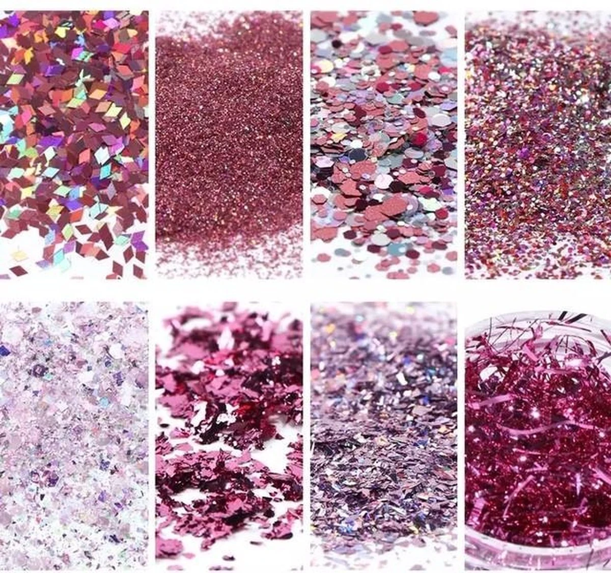 Glitter Poeder Nail Art Set - 8 Stuks - Rosé / Zilver / Roze / Glinster - Nagel Decoratie Strass 5 Glitter Poeder Nail Art Set - 8 Stuks - Rosé / Zilver / Roze / Glinster - Nagel Decoratie Strass - Afbeelding 3