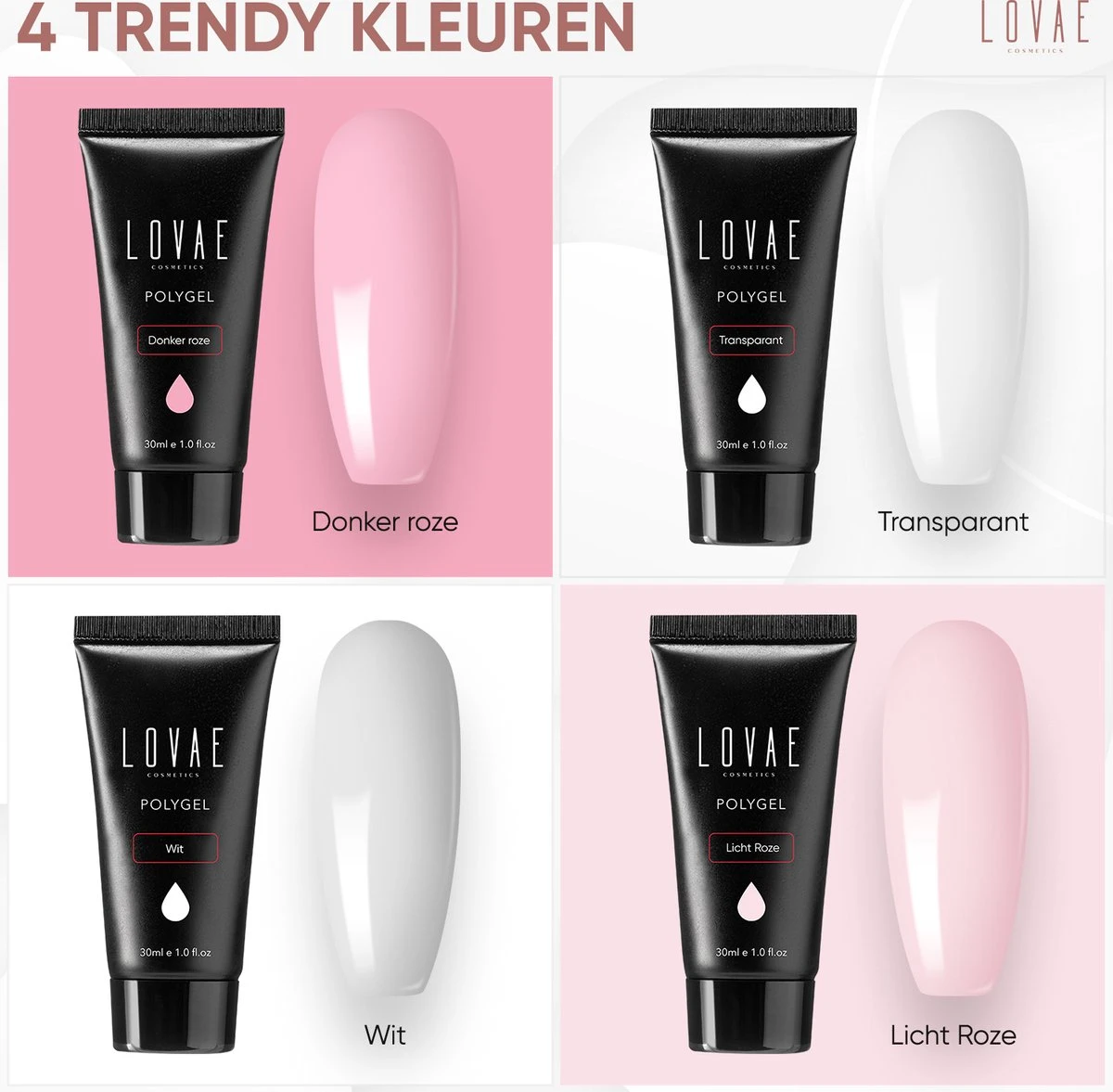 Lovae Cosmetics Polygel - Polygel Kit - Nagels Starterspakket - Nageltips - Builder Gel - Set Van 4 Kleuren - 4 X 30 Gr 14 Lovae Cosmetics Polygel - Polygel Kit - Nagels Starterspakket - Nageltips - Builder Gel - Set Van 4 Kleuren - 4 X 30 Gr - Afbeelding 12