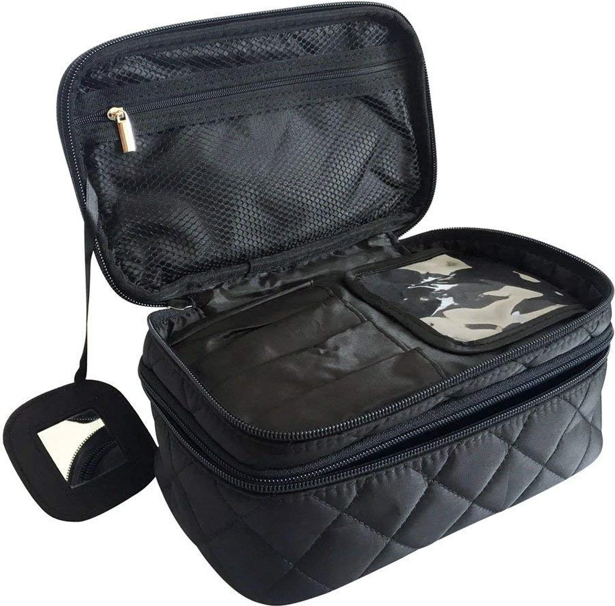 IBright Make-up Tasje Met Spiegel - 2 Lagen - Met Handige Vakjes - Cosmetica Organizer - Toilettas Maat M - Zwart 7 IBright Make-up Tasje Met Spiegel - 2 Lagen - Met Handige Vakjes - Cosmetica Organizer - Toilettas Maat M - Zwart - Afbeelding 5