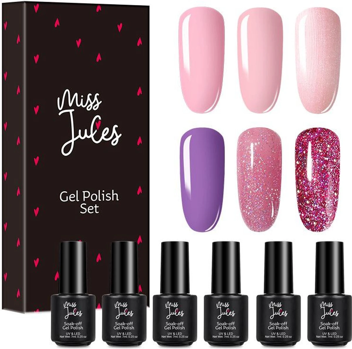 Miss Jules - 6-Delige Gellak Starterspakket - Nagellak - Kleur Paars, Roze & Glitter - Glanzend & Dekkend Resultaat 3 Miss Jules - 6-Delige Gellak Starterspakket - Nagellak - Kleur Paars, Roze & Glitter - Glanzend & Dekkend Resultaat
