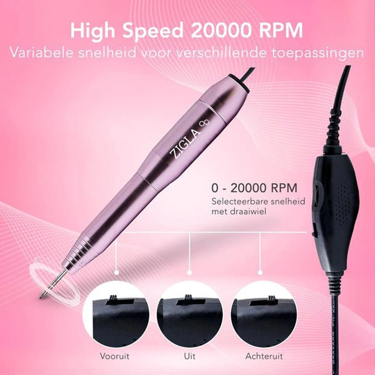 Zigla – Elektrische Nagelvijl - Nagelfrees- Manicure En Pedicure Set - 6 Schuurrolletjes - 11 Opzetstukken - Rosé/Goud - Vernieuwd 10 Zigla – Elektrische Nagelvijl - Nagelfrees- Manicure En Pedicure Set - 6 Schuurrolletjes - 11 Opzetstukken - Rosé/Goud - Vernieuwd - Afbeelding 8