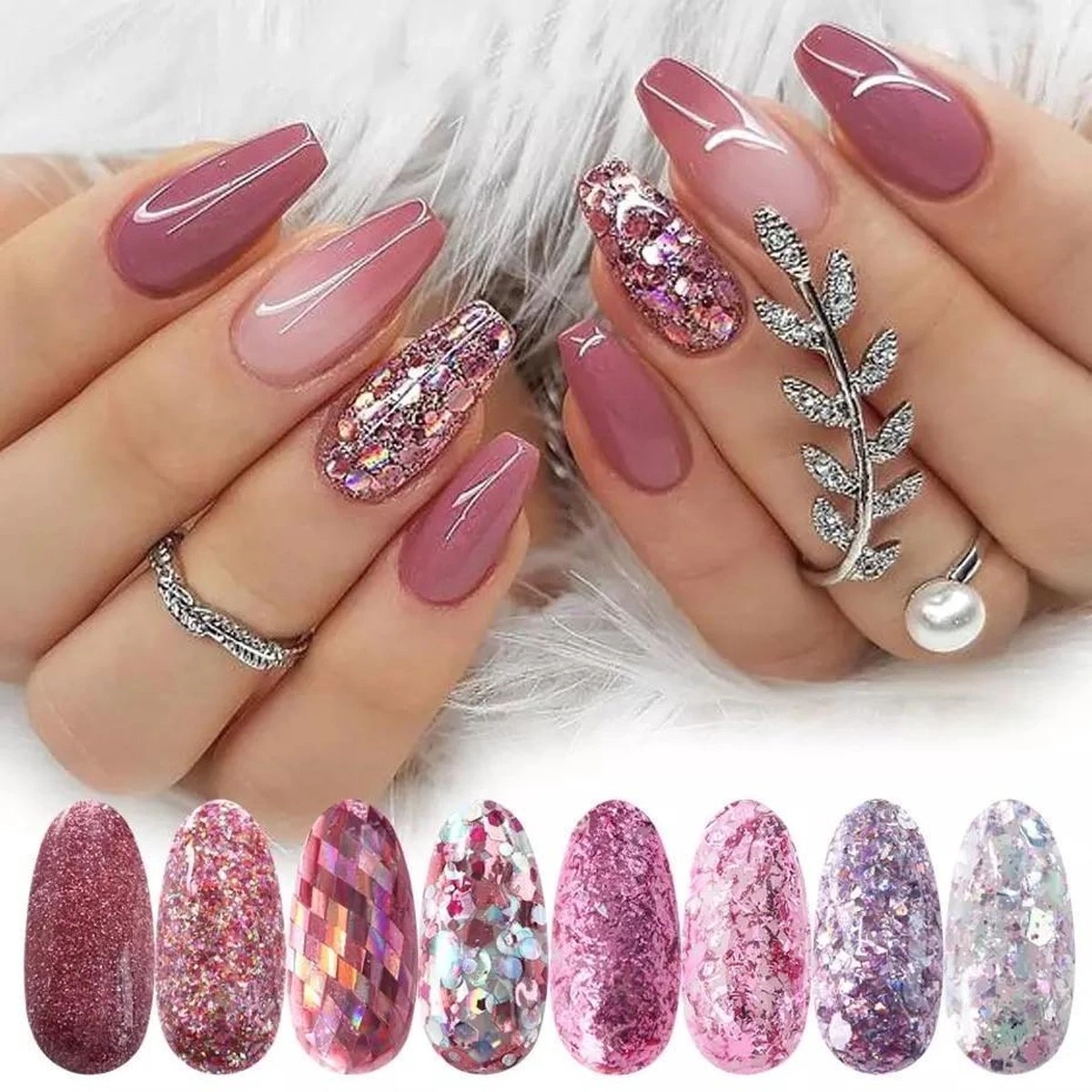 Glitter Poeder Nail Art Set - 8 Stuks - Rosé / Zilver / Roze / Glinster - Nagel Decoratie Strass 7 Glitter Poeder Nail Art Set - 8 Stuks - Rosé / Zilver / Roze / Glinster - Nagel Decoratie Strass - Afbeelding 5