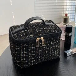 Elegante Make-up Tas- Vierkante Koffer Zwart/goud - Handvat - Make-up Tas Van Tweed Stof- Reis Toilettas Bag Vakantie & Reizen – Toilettas Dames - Beautycase Canvas - Cadeau - Valentijn-