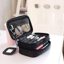 IBright Make-up Tasje Met Spiegel - 2 Lagen - Met Handige Vakjes - Cosmetica Organizer - Toilettas Maat S - Zwart -Cosmetische Kortingen Winkel 1200x1200 2722