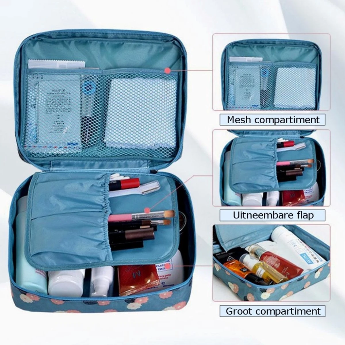 Fako Fashion® - Make Up Tasje Rechthoek - Cosmetica Organizer - Toilettas - 21x16x8cm - Bloemen Lichtblauw 4 Fako Fashion® - Make Up Tasje Rechthoek - Cosmetica Organizer - Toilettas - 21x16x8cm - Bloemen Lichtblauw - Afbeelding 2