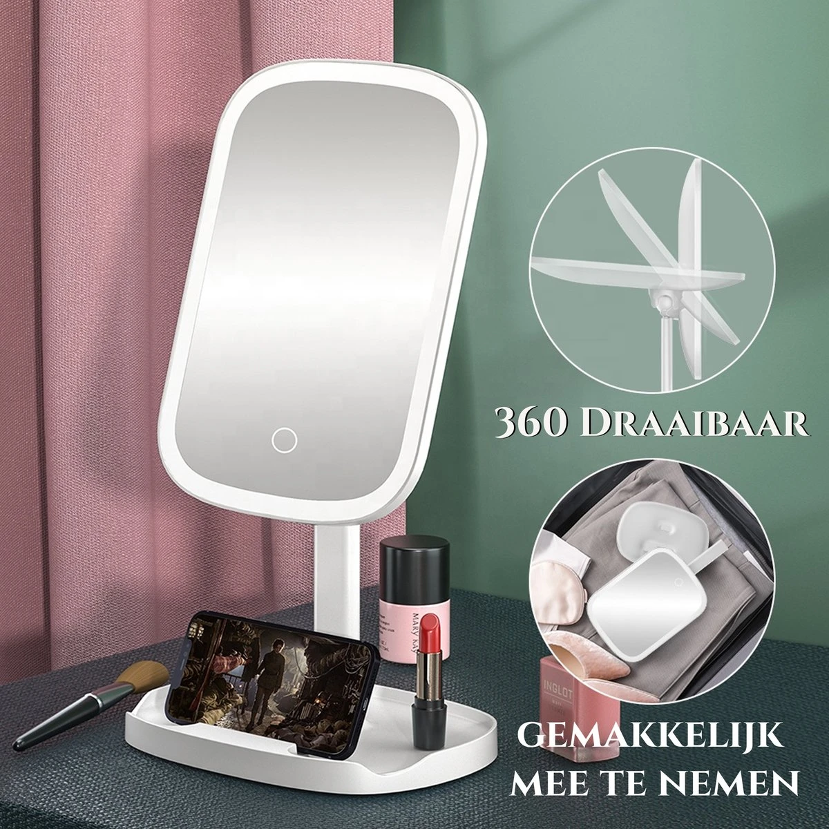 HighHome - Make Up Spiegel Met Led Verlichting - Inclusief 10x Spiegel - 3 Warmtes - 360 °C Draaibaar 6 HighHome - Make Up Spiegel Met Led Verlichting - Inclusief 10x Spiegel - 3 Warmtes - 360 °C Draaibaar - Afbeelding 4