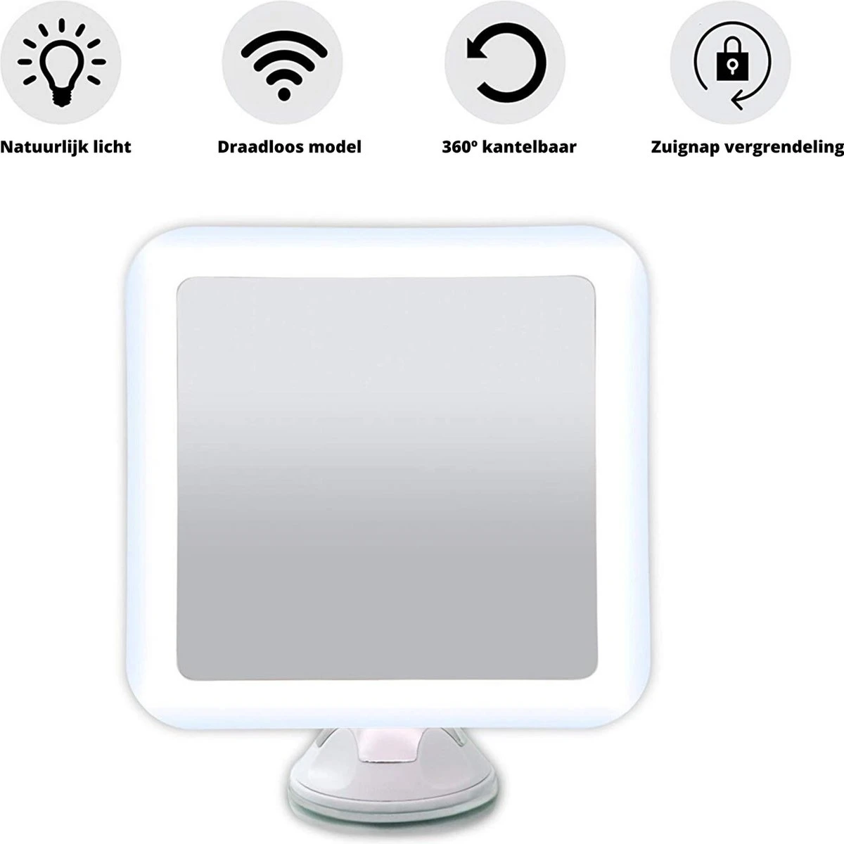 Vergroot Make Up En Scheer Spiegel Met LED Verlichting Vierkant - 10x Vegroting En Natuurlijk Licht Voor Cosmetica/Scheren/Epileren - 360° Graden Verstelbare Zuignap En Wandbevestiging 4 Vergroot Make Up En Scheer Spiegel Met LED Verlichting Vierkant - 10x Vegroting En Natuurlijk Licht Voor Cosmetica/Scheren/Epileren - 360° Graden Verstelbare Zuignap En Wandbevestiging - Afbeelding 2