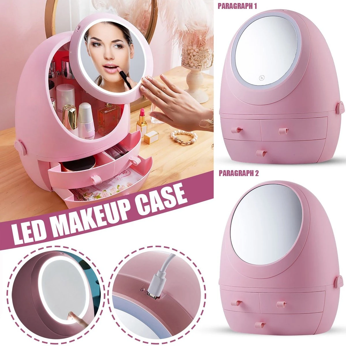 Make Up Organizer Met Make Up Spiegel En Led Verlichting | Usb Opladen Make-Up Tool Organizer Cosmetische Opbergdoos Draagbare Lade Led Spiegel Make-Up Tool Kits Opbergrek Maquillage | Make Up Spiegel Met Verlichting | Make Up Organizer Lades - Roze 4 Make Up Organizer Met Make Up Spiegel En Led Verlichting | Usb Opladen Make-Up Tool Organizer Cosmetische Opbergdoos Draagbare Lade Led Spiegel Make-Up Tool Kits Opbergrek Maquillage | Make Up Spiegel Met Verlichting | Make Up Organizer Lades - Roze - Afbeelding 2