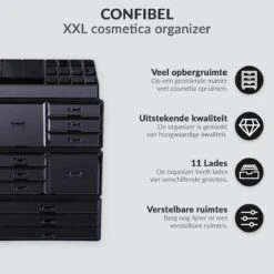 Confibel XXL Acryl Make-up Cosmetica Organizer - Verstelbare Lades - Sieraden/Make-up/Cosmetica Organizer - 11 Compartimenten - Zwart -Cosmetische Kortingen Winkel 1200x1200 3109
