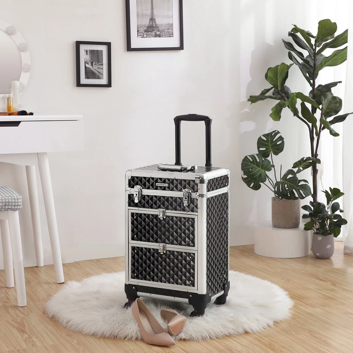 Hoppa! Cosmetic Case Trolley, Professionele Make-up Case, Kapperskoffer Met 4 Uitneembare Universele Wielen, Make-up Case, Top Met 3 Uittrekbare Compartimenten, Laden, Voor Op Reis, Zwart 4 Hoppa! Cosmetic Case Trolley, Professionele Make-up Case, Kapperskoffer Met 4 Uitneembare Universele Wielen, Make-up Case, Top Met 3 Uittrekbare Compartimenten, Laden, Voor Op Reis, Zwart - Afbeelding 2