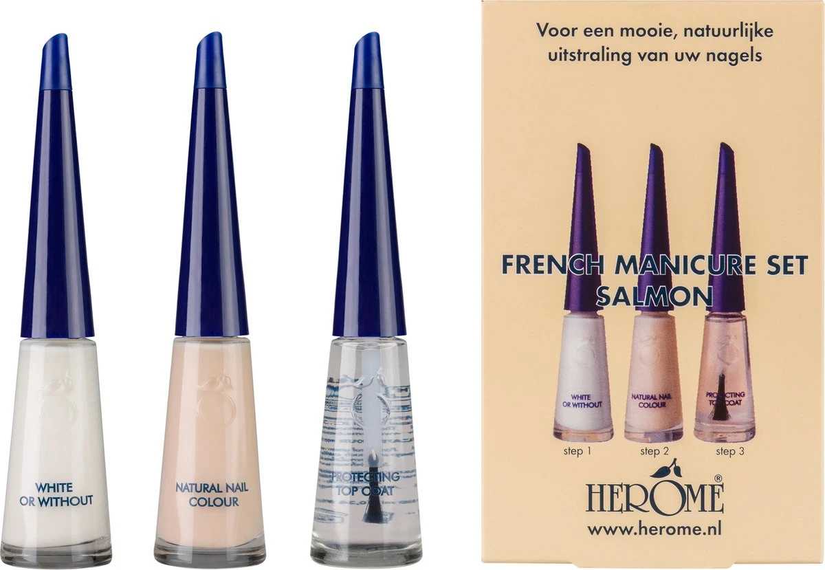 Herome French Manicure Set Salmon - Complete Set In 3 Stappen Een French Manicure - Met Een Salmon Kleurlak, Een Witte Nagellak Voor De Nagelranden En Een Top Coat - 3x10ml. 3 Herome French Manicure Set Salmon - Complete Set In 3 Stappen Een French Manicure - Met Een Salmon Kleurlak, Een Witte Nagellak Voor De Nagelranden En Een Top Coat - 3x10ml.