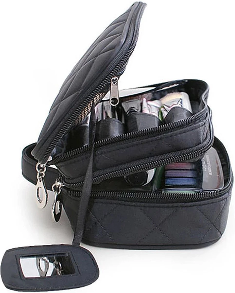 IBright Make-up Tasje Met Spiegel - 2 Lagen - Met Handige Vakjes - Cosmetica Organizer - Toilettas Maat M - Zwart 4 IBright Make-up Tasje Met Spiegel - 2 Lagen - Met Handige Vakjes - Cosmetica Organizer - Toilettas Maat M - Zwart - Afbeelding 2